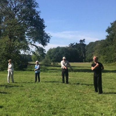 groep mensen die in bos qigong doen